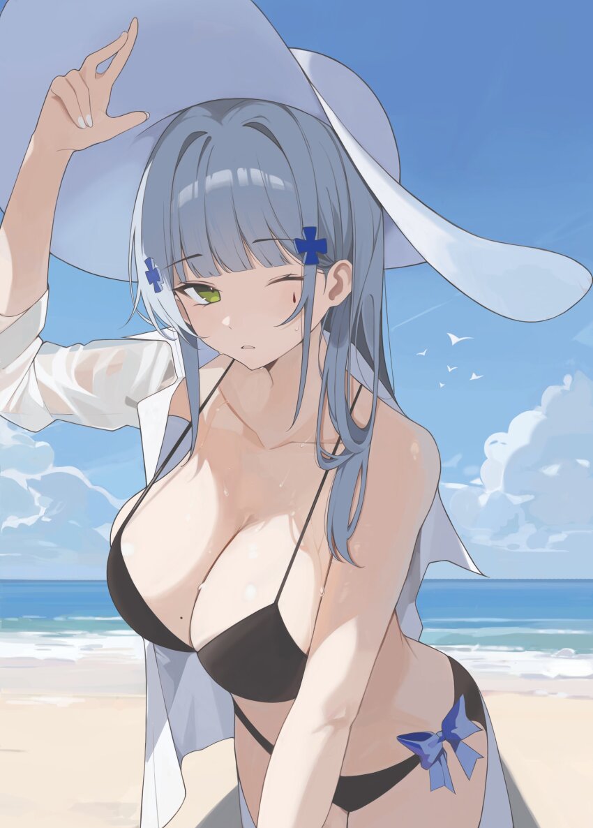1girl absurdres alternate_costume beach bikini black_bikini blue_hair blue_sky breasts cleavage cloud collared_shirt commentary cross_hair_ornament girls&#039;_frontline green_eyes hair_ornament hat highres hk416_(girls&#039;_frontline) looking_at_viewer mole mole_on_breast ocean one_eye_closed parted_lips shirt shirt_around_one_arm simple_bird sky solo sun_hat swimsuit tattoo teardrop_facial_mark teardrop_tattoo tptkdtkakftp white_nails