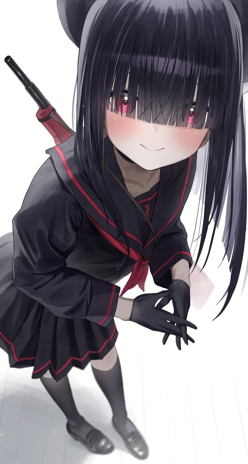 1girl absurdres beret black_choker black_gloves black_hair black_hat black_sailor_collar black_serafuku black_shirt black_shoes black_skirt black_socks blue_archive blunt_bangs choker commentary_request covered_eyes em-2 extra foreshortening from_above gloves hair_over_eyes hat hidulume highres justice_task_force_member_(blue_archive) kneehighs leaning_forward light_blush loafers long_bangs long_hair looking_at_viewer neckerchief own_hands_together red_eyes red_neckerchief sailor_collar school_uniform serafuku shirt shoes simple_background skirt smile socks solo white_background