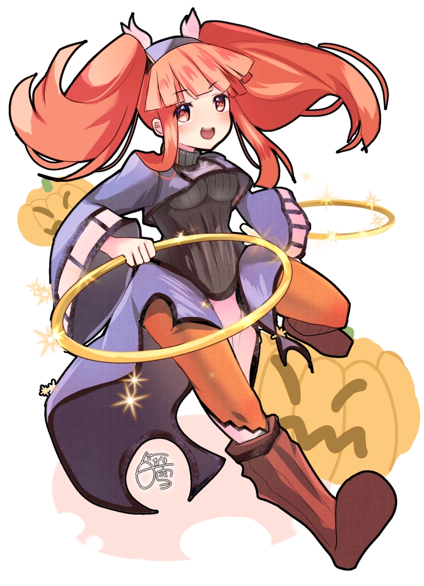1girl :d black_undershirt blue_shirt blunt_bangs blush breasts chakram crop_top dewprism floating_hair full_body highres holding holding_weapon jack-o&#039;-lantern leg_up long_hair long_sleeves mint_(dewprism) open_mouth orange_pantyhose pantyhose pink_eyes pink_hair shirayuki_runa shirt sidelocks simple_background small_breasts smile solo teeth twintails upper_teeth_only weapon white_background wide_sleeves