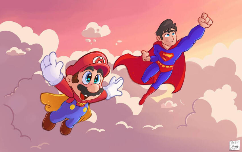 2boys belt black_hair blue_eyes brown_hair cape cape_mario cloud crossover dc_comics facial_hair flying full_body gloves grin hat juanc_h00 mario mario_(series) multiple_boys mustache nintendo overalls sky smile super_mario_world superman superman_(series)