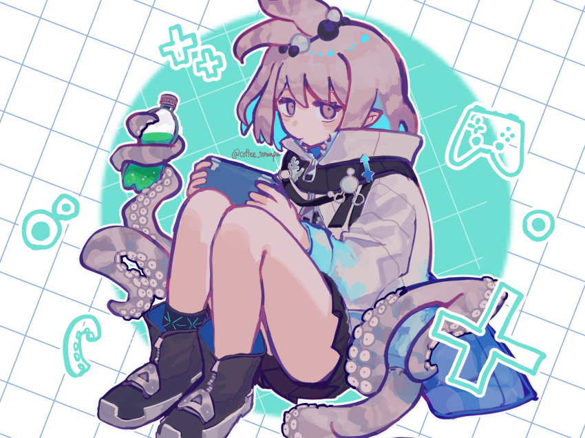 1girl arknights black_shoes black_skirt blue_hair bottle coffee_toranpu colored_inner_hair commentary_request controller frown game_controller green_background grey_jacket grid_background handheld_game_console highres holding holding_bottle holding_handheld_game_console infection_monitor_(arknights) jacket kirara_(arknights) looking_at_viewer multicolored_hair pink_eyes pink_hair pleated_skirt pointy_ears shoes simple_background skirt solo tentacle_hair tentacles thighs topknot two-tone_background white_background