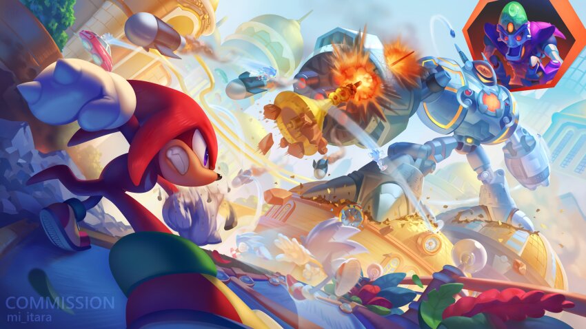 3boys absurdres afterimage blue_fur body_fur character_request clenched_teeth dr._nefarious explosion highres knuckles_the_echidna mecha miitara missile multiple_boys purple_eyes ratchet_&amp;_clank red_fur robot solo_focus sonic_(series) sonic_the_hedgehog teeth