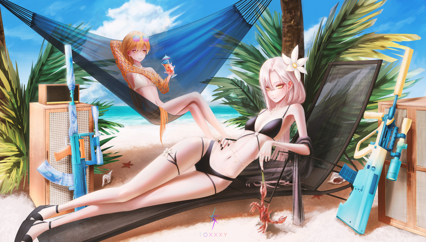 2girls alternate_costume arm_behind_head artist_name assault_rifle aug_(girls&#039;_frontline) bare_legs beach bikini black_bikini black_footwear black_nails blonde_hair breasts bullpup cleavage closed_mouth cocktail_glass collarbone crab crossed_legs cup dindsau drinking_glass earrings eyewear_on_head flower girls&#039;_frontline gun hair_flower hair_ornament hand_on_own_hip highres holding holding_cup jewelry legs lips long_hair looking_at_another looking_down lying multiple_girls nail_polish navel orange_eyes orange_hair ots-14_(girls&#039;_frontline) ots-14_groza rifle sand small_breasts smile starfish steyr_aug sunglasses suppressor swimsuit weapon white_bikini yellow_eyes
