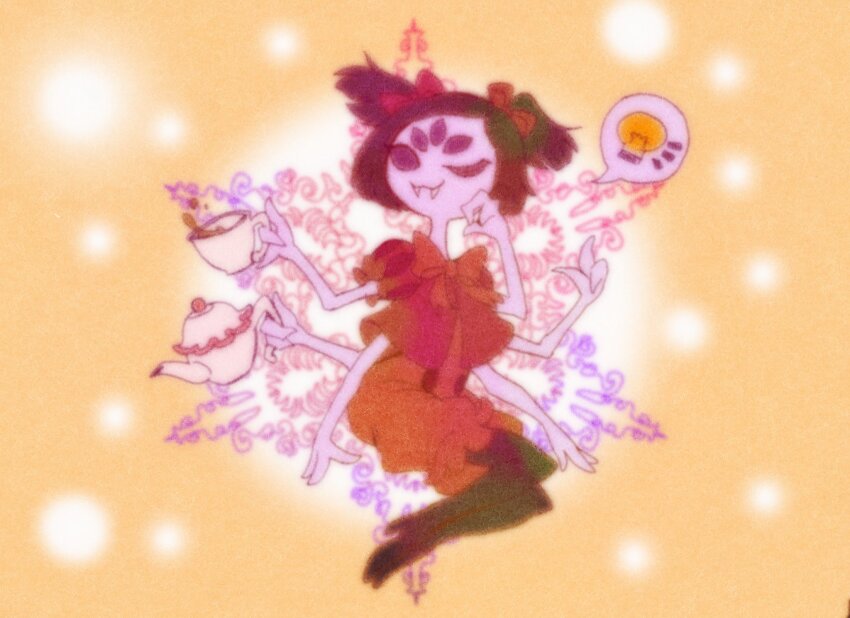 1girl arthropod_girl black_boots black_hair blurry boots bow bowtie closed_mouth colored_skin commentary_request cup extra_arms extra_eyes fangs fangs_out fewer_digits full_body hair_bow highres holding holding_cup holding_teapot insect_girl light_bulb monster_girl muffet notice_lines one_eye_closed pants puffy_pants puffy_short_sleeves puffy_sleeves purple_skin red_bow red_pants red_shirt shirt short_hair short_sleeves simple_background sitting smile spider_girl spoken_light_bulb takenokonoko teacup teapot thigh_boots two_side_up undertale yellow_background