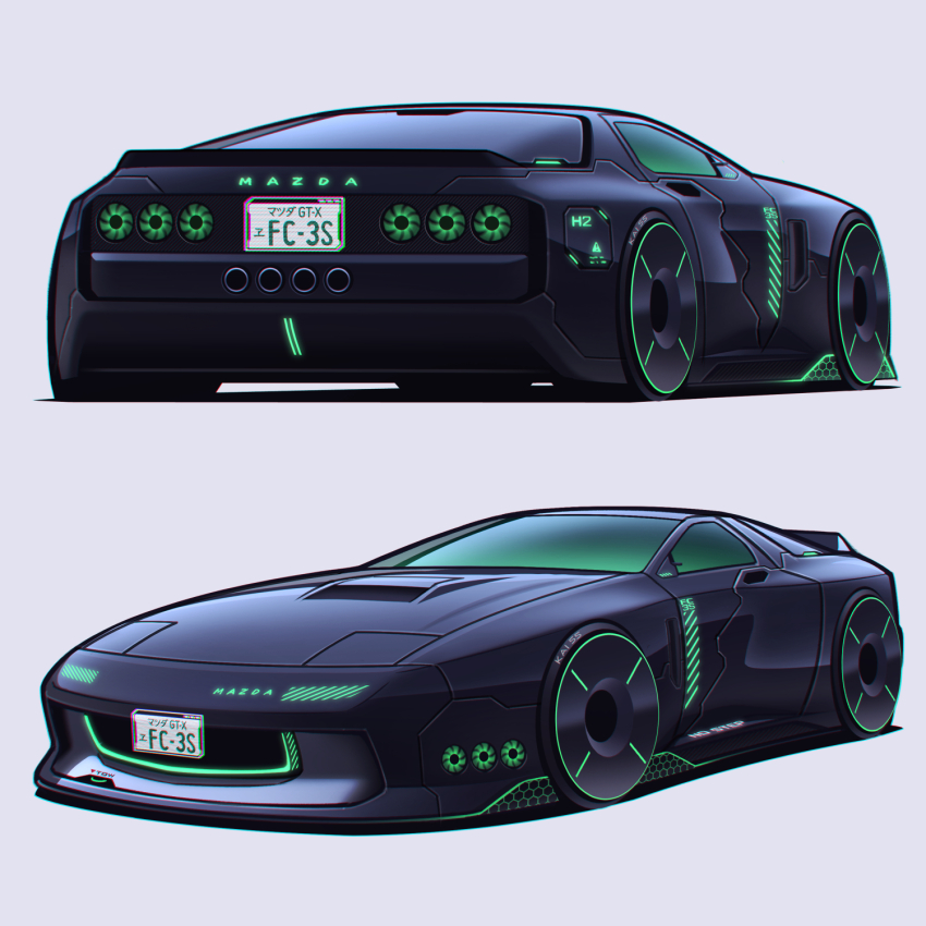 black_car car grey_background highres kai55 license_plate mazda mazda_rx-7 mazda_rx-7_fc motor_vehicle original redesign science_fiction shadow sports_car vehicle_focus