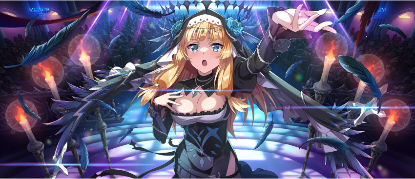 1girl arm_up black_dress black_feathers black_veil blonde_hair blue_eyes blue_flower blunt_bangs breasts candle candlestand cecily_(konosuba) church cleavage cleavage_cutout clothing_cutout cross cross_necklace crowd dress falling_feathers feathers flower from_above game_cg hair_tie hand_on_own_chest highres indoors jewelry juliet_sleeves kono_subarashii_sekai_ni_shukufuku_wo! konosuba!_fantastic_days large_breasts latin_cross light_blush long_dress long_hair long_sleeves looking_up low-tied_sidelocks necklace official_alternate_costume official_art open_mouth praying puffy_sleeves shade side_slit sidelocks solo_focus spotlight standing tight_clothes tight_dress veil