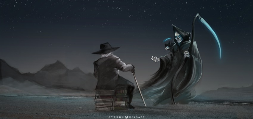 3boys animal blue_eyes book book_stack cane death_(discworld) death_(entity) death_of_rats desert discworld foxinshadow grim_reaper hat hood male_focus mountain mouse_(animal) mouse_tail multiple_boys sand scythe skeleton skull sky snout star_(sky) star_(symbol) starry_sky tail terry_pratchett weapon
