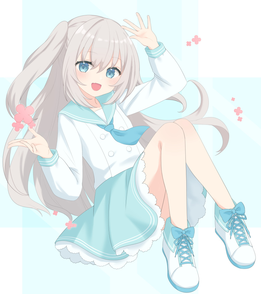 1girl aqua_background aqua_sailor_collar aqua_skirt arms_up blue_eyes blue_necktie bow fang footwear_bow frilled_skirt frills full_body furutori grey_hair hair_between_eyes highres long_hair long_sleeves looking_at_viewer necktie open_mouth original sailor_collar school_uniform shirt shoes simple_background sitting skin_fang skirt smile sneakers solo two-tone_background two_side_up very_long_hair white_background white_shirt white_shoes