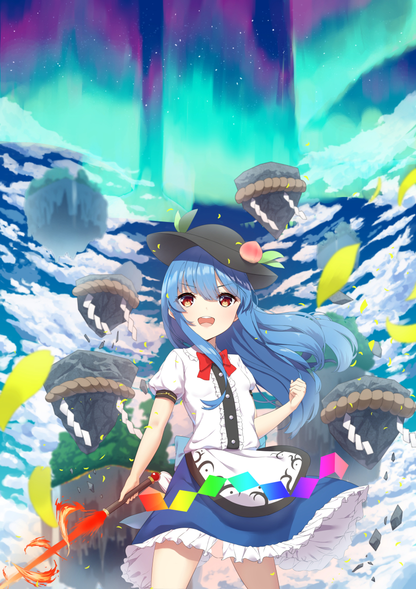 1girl absurdres ambasa aurora black_hat blue_hair blue_skirt blue_sky bow bowtie clenched_hand cloud cloudy_sky commentary_request day falling_petals fire floating food fruit fruit_hat_ornament hat hat_ornament highres hinanawi_tenshi holding holding_sword holding_weapon kaname-ishi leaf leaf_hat_ornament long_hair open_mouth peach peach_hat_ornament petals puffy_short_sleeves puffy_sleeves rainbow_gradient rainbow_order red_bow red_bowtie red_eyes rock rope shide shimenawa shirt short_sleeves skirt sky smile solo sword sword_of_hisou touhou weapon white_shirt yellow_petals