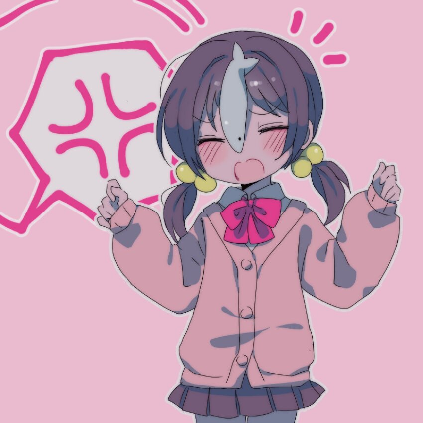 1girl anger_vein black_hair bow bowtie cardigan closed_eyes deliriumcenter fish highres kaai_yuki low_twintails open_mouth pink_cardigan pleated_skirt school_uniform skirt sleeves_past_wrists solo twintails vocaloid zako_(vocaloid)