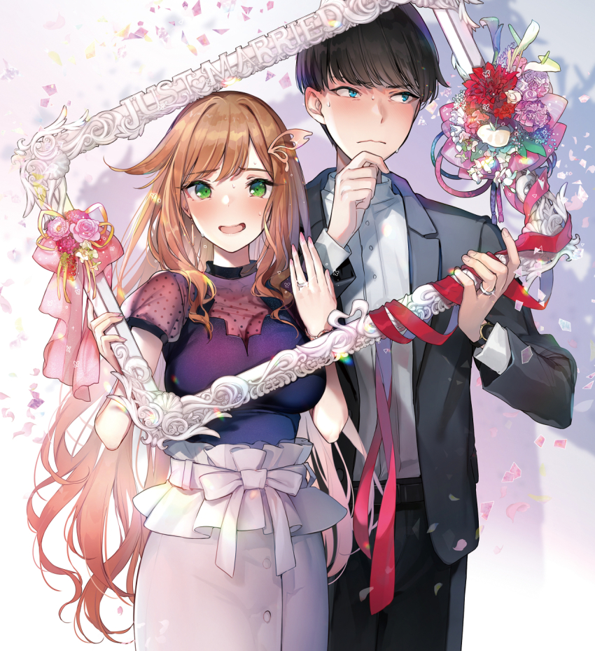 1boy 1girl averting_eyes black_hair black_jacket blouse blue_eyes blush bowl_cut breasts brown_hair closed_mouth commentary_request cover cover_image cover_page cropped embarrassed english_text flower forced_smile green_eyes hands_up highres holding holding_picture_frame husband_and_wife isurugi_haru jacket jewelry large_breasts long_hair long_skirt long_sleeves looking_at_viewer motokano_to_no_jirettai_gisou_kekkon novel_cover official_art open_clothes open_jacket open_mouth picture_frame pink_nails purple_shirt pyon-kichi red_flower red_ribbon ribbon ring shadow shirt short_hair short_sleeves simple_background skirt standing sweat tamaki_rio wedding_ring white_background white_shirt white_skirt