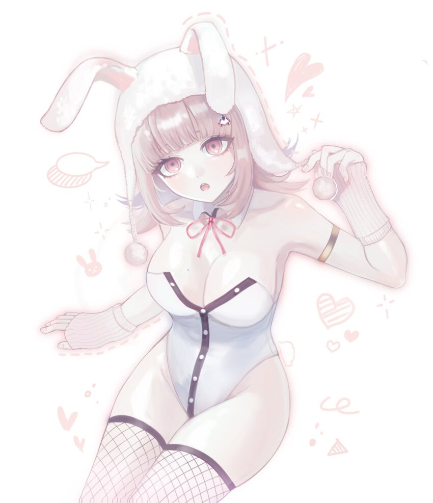 1girl :o animal_hood arm_warmers armlet bare_shoulders black_leotard breasts brown_hair cleavage cowboy_shot danganronpa_(series) danganronpa_2:_goodbye_despair detached_collar fishnet_thighhighs fishnets galaga grey_leotard groin hair_ornament hand_up heart highres hood hood_up jewelry large_breasts leotard medium_hair nanami_chiaki nuns197 pink_eyes rabbit_hood shiny_skin teeth thighhighs upper_teeth_only white_background