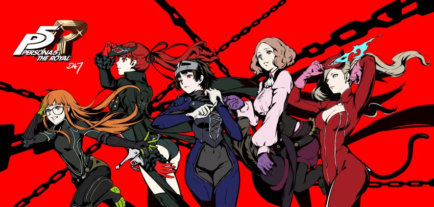 5girls absurdres adjusting_clothes adjusting_eyewear adjusting_gloves artist_name ass black_bodysuit black_hair black_jacket black_leotard black_scarf blonde_hair blue_bodysuit blue_eyes blue_shirt blunt_bangs bodysuit breasts brown_hair chain cleavage cleavage_cutout clothing_cutout commentary copyright_name covered_navel cowboy_shot da-cart english_commentary floating_hair glasses gloves hat highres holding holding_mask holding_unworn_clothes holding_unworn_hat jacket leotard long_hair long_sleeves looking_to_the_side mask medium_breasts medium_hair multiple_girls niijima_makoto okumura_haru orange_hair parted_lips persona persona_5 persona_5_the_royal pink_gloves ponytail purple_gloves red_background red_bodysuit red_eyes red_gloves red_hair sakura_futaba scarf sheath sheathed shirt short_hair shoulder_spikes sidelocks small_breasts spikes sword takamaki_anne three_quarter_view twintails unworn_hat unworn_headwear unworn_mask weapon white_gloves wide_hips yoshizawa_kasumi zipper