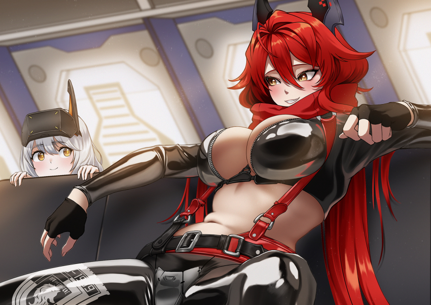 2girls ahoge belt black_belt black_gloves black_jacket black_pants blush breasts cleavage closed_mouth commentary couch cropped_jacket crotch_plate elbow_rest enpera fingerless_gloves gloves goddess_of_victory:_nikke grin hair_between_eyes head-mounted_display highres horns indoors jacket kuremon large_breasts leather leather_jacket leather_pants long_hair long_sleeves looking_at_another mechanical_horns midriff multiple_girls navel on_couch pants red_hair red_hood_(nikke) red_scarf scarf sidelocks sitting smile snow_white_(innocent_days)_(nikke) snow_white_(nikke) suspenders teeth unzipped white_hair yellow_eyes