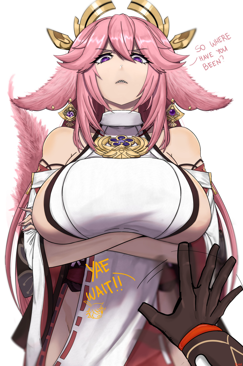 1boy 1girl absurdres aether_(genshin_impact) alternate_breast_size_(larger) angry animal_ears bare_shoulders breast_curtain breasts crossed_arms droopy_ears earrings english_text fox_ears fox_girl fox_tail genshin_impact gloves hair_between_eyes highres jewelry kaiel_(artist) large_breasts long_hair looking_at_viewer looking_down nail_polish nontraditional_miko pink_hair pink_nails pov purple_eyes sharp_teeth sideboob simple_background speech_bubble tail teeth vision_(genshin_impact) yae_miko