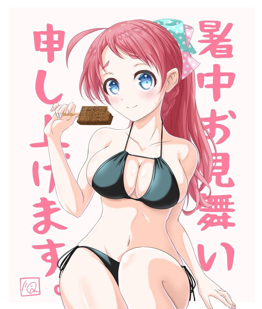 1girl absurdres ahoge bikini black_bikini blue_eyes breasts cleavage food hair_ribbon haro_(muraragi-add9) highres holding holding_food holding_popsicle large_breasts minamoto_sakura navel polka_dot polka_dot_ribbon ponytail popsicle raised_eyebrows red_hair ribbon side-tie_bikini_bottom simple_background sitting solo stomach swimsuit translation_request zombie_land_saga