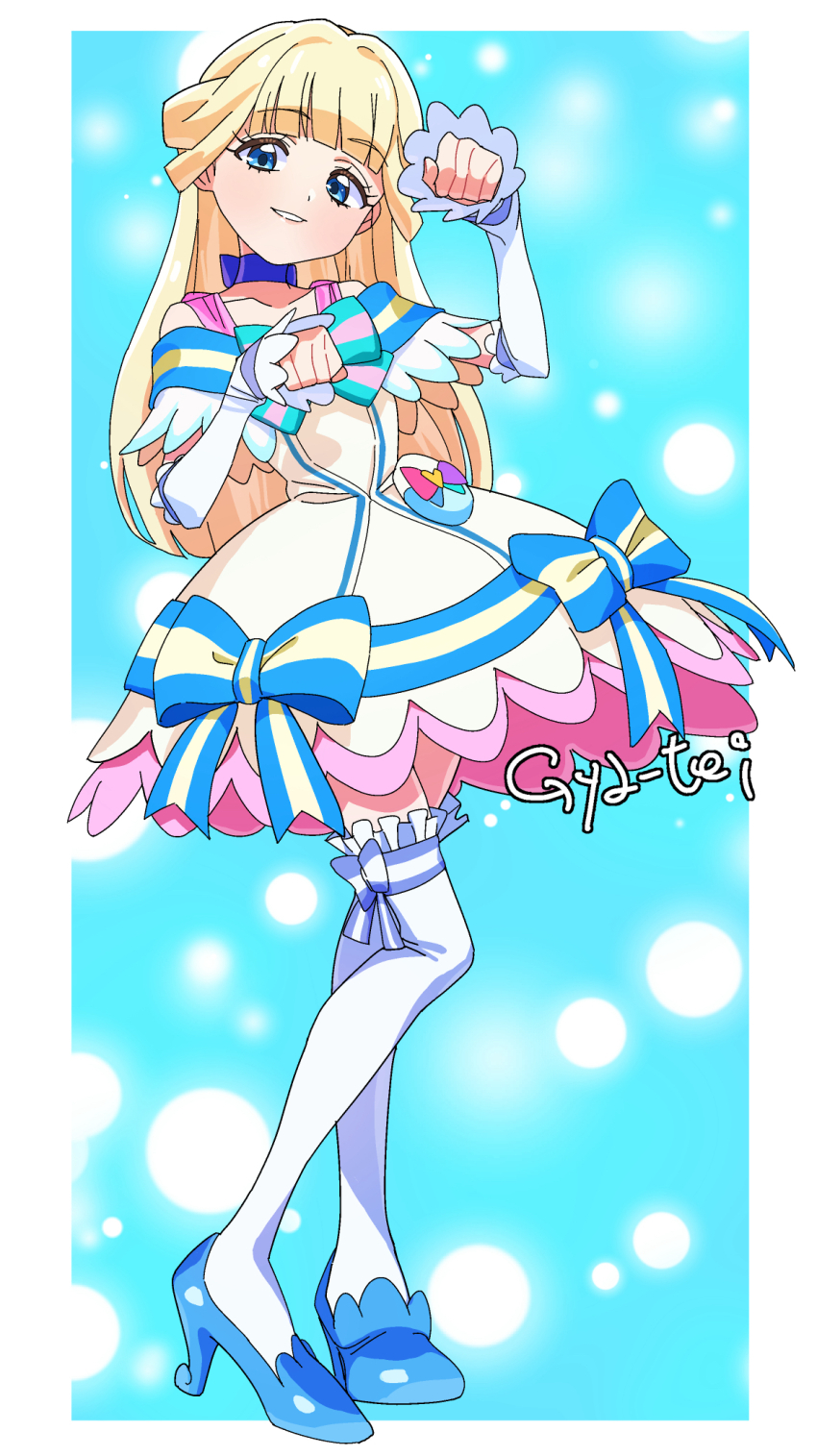 1girl aqua_bow arm_warmers artist_name bare_shoulders blonde_hair blue_background blue_bow blue_choker blue_eyes blue_shoes blue_theme blunt_bangs border bow bubble_background chest_bow choker clenched_hands colored_petticoat commentary cosplay cure_nyammy cure_nyammy_(cosplay) dress dress_bow frilled_arm_warmers frilled_dress frilled_thighhighs frills full_body gya-tei half_updo hands_up high_heels highres long_hair looking_at_viewer magical_girl medium_dress multicolored_bow nekoyashiki_yuki off-shoulder_dress off_shoulder pact_holder parted_lips paw_pose petticoat pouch precure self_cosplay shiny_cats_pact shoes smile solo standing striped_bow thighhighs white_arm_warmers white_border white_dress white_thighhighs wonderful_precure! zettai_ryouiki