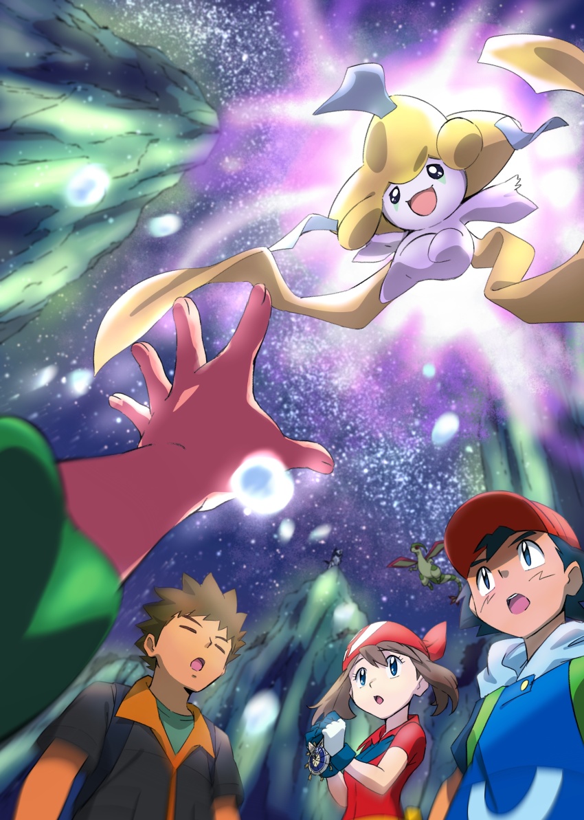 1girl 3boys :o absurdres ash_ketchum bandana black_hair brock_(pokemon) brown_hair closed_eyes commentary_request gen_3_pokemon gloves green_shirt hat highres jacket jirachi legendary_pokemon max_(pokemon) may_(pokemon) multiple_boys mythical_pokemon night nintendo open_mouth outdoors outstretched_arm pokemon pokemon:_jirachi:_wish_maker pokemon_(anime) pokemon_(creature) pokemon_rse_(anime) red_bandana red_headwear red_shirt shirt short_hair sky spiked_hair star_(sky) strap teeth tongue upper_teeth_only yusuke_oshida