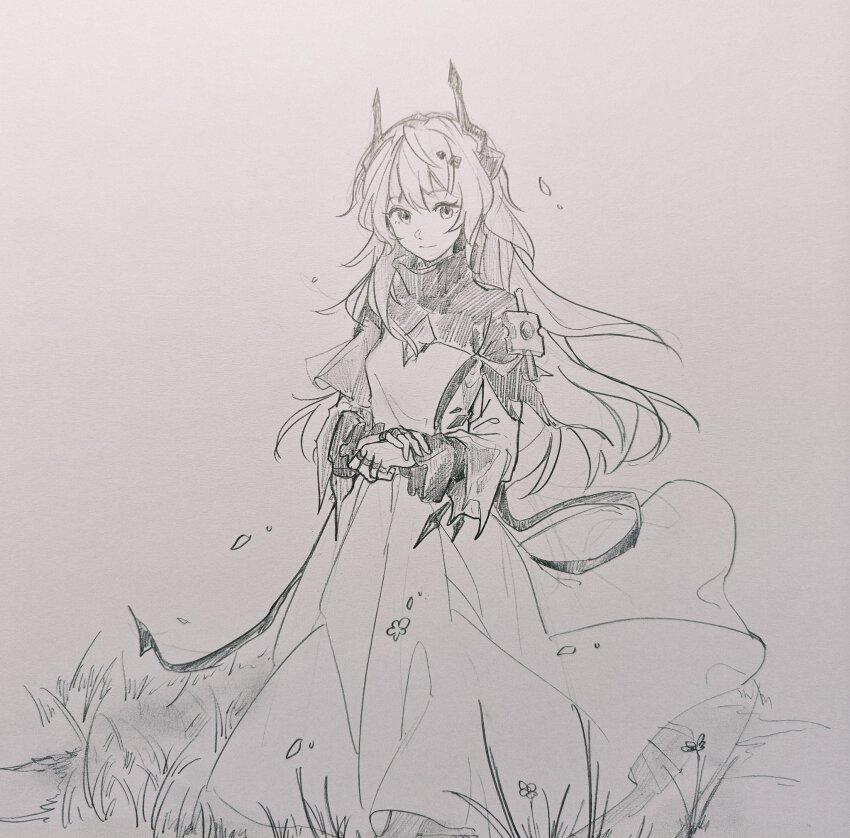 1girl arknights closed_mouth dress full_body graphite_(medium) greyscale hashtag-only_commentary hatching_(texture) highres horns jewelry light_smile linear_hatching long_dress long_hair long_sleeves looking_at_viewer maplebyebye monochrome multiple_rings own_hands_together photo_(medium) ring solo standing theresa_(arknights) traditional_media