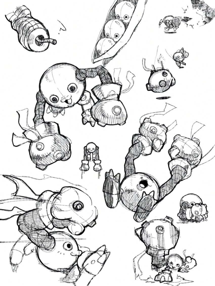 :3 analog_boy02 arms_up boxing_gloves creature creature_focus cross-section digimon digimon_(creature) fighting_stance greyscale highres mamemon monochrome multiple_views no_humans open_mouth pea_pod punching punching_bag raised_fist sketch smile