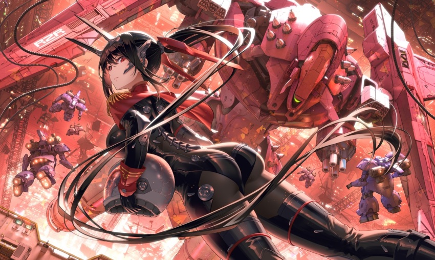 1girl ass black_bodysuit black_boots bodysuit boots breasts capelet closed_mouth commentary copyright_request english_commentary epaulettes floating_hair flying from_side gatling_gun green_eyes hair_between_eyes headgear helmet holding holding_unworn_helmet horns large_breasts long_hair looking_at_viewer mecha mecha_pilot_suit mechanical_horns mechanical_spine missile_pod official_art one-eyed original pilot_helmet pinakes ponytail red_capelet red_eyes robot science_fiction second-party_source skin_tight solo_focus thigh_boots thrusters turning_head unworn_headwear unworn_helmet v-shaped_eyebrows very_long_hair wire zero_gravity