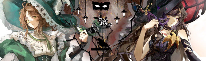 2girls absurdres asymmetrical_bangs birdcage black_dress black_hair black_hat brown_hair cage closed_mouth domino_mask dress elbow_gloves flower glasses gloves green_eyes green_hat hand_up hat hat_feather highres holding holding_mask isolde_(reverse:1999) kakania_(reverse:1999) lace-trimmed_headwear lace_trim long_hair looking_at_viewer mask monocle multiple_girls official_alternate_costume parted_bangs purple_eyes reverse:1999 san_sui_dingshang_ya shadow smile upper_body very_long_hair wide_brim witch_hat