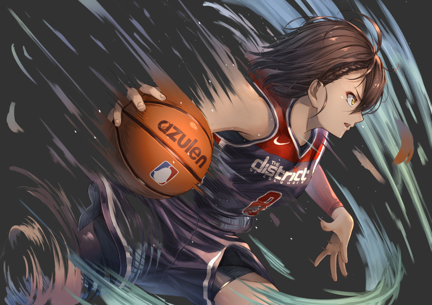 1girl ahoge azur_lane ball baltimore_(azur_lane) bare_shoulders basketball basketball_(object) basketball_uniform bike_shorts bike_shorts_pull black_background black_shirt black_shorts braid brown_hair clothes_writing commentary_request cowboy_shot dribbling_(basketball) french_braid hair_between_eyes holding holding_ball national_basketball_association nike_(company) open_mouth playing_sports shirt short_hair shorts sidelocks sideways_mouth simple_background sleeveless sleeveless_shirt solo sportswear standing sweat yakkuro yellow_eyes