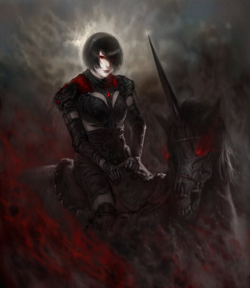 1girl absurdres ada_von_gaerda adavongaerda armor black_hair bob_cut headband highres horse looking_at_viewer mole mole_under_mouth pale_skin red_eyes self-upload short_hair sinful_red skeleton_horse