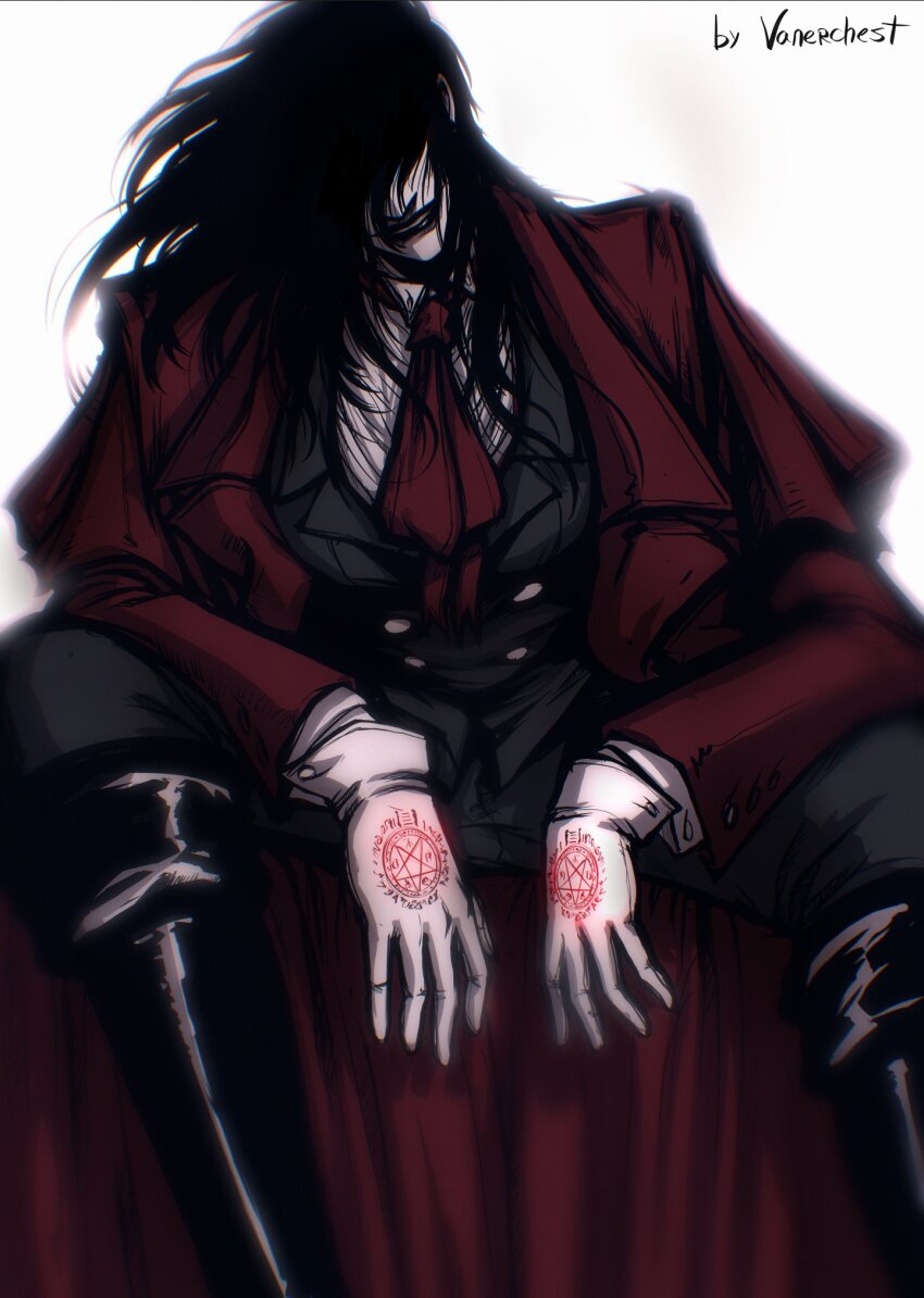 1girl alucard_(hellsing) black_hair boots breasts female_focus formal_clothes genderswap genderswap_(mtf) gloves hair_over_eyes hellsing highres jacket jacket_on_shoulders large_breasts long_hair magic smile smirk smug solo suit threatening vampire very_long_hair white_gloves