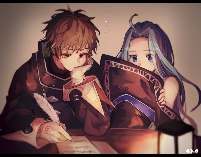 1boy 1girl 63_rok arm_on_table black_jacket blue_eyes blue_hair brown_eyes brown_hair gloves gran_(granblue_fantasy) granblue_fantasy hand_on_own_face hand_up hat holding holding_quill holding_unworn_clothes holding_unworn_hat jacket large_hat letterboxed long_hair lyria_(granblue_fantasy) paper quill short_hair table unworn_hat unworn_headwear white_gloves wizard_hat writing