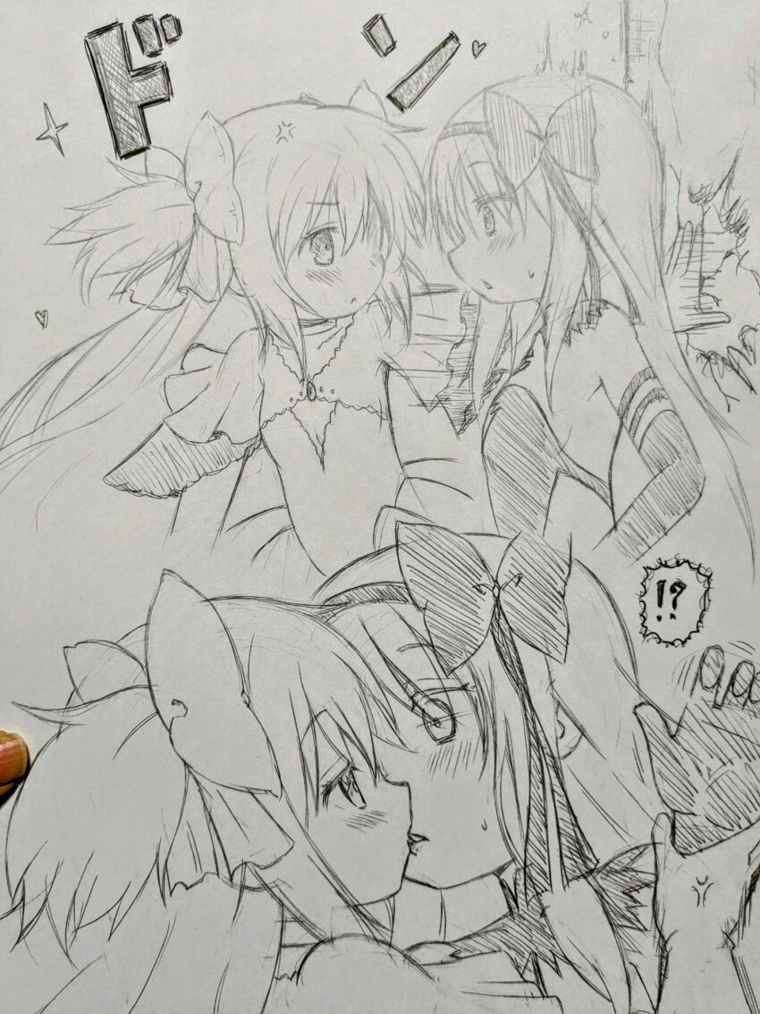 !? 2girls akemi_homura akuma_homura anger_vein assertive_female blush bow breasts cleavage elbow_gloves eye_contact gloves graphite_(medium) hair_bow heart highres kabedon kaname_madoka kiss long_hair looking_at_another low_neckline mahou_shoujo_madoka_magica mahou_shoujo_madoka_magica_(anime) matsubara_ryuu monochrome multiple_girls parted_lips sidelocks sketch small_breasts star_(symbol) traditional_media triangle_mouth two_side_up ultimate_madoka yuri