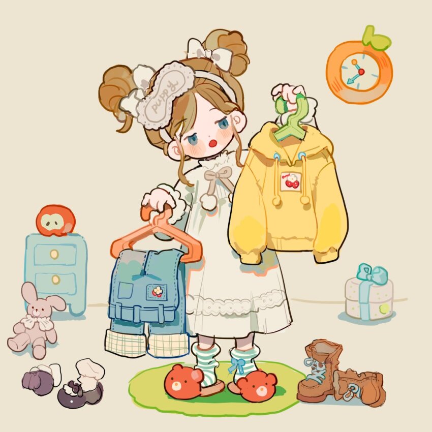 1girl analog_clock ankle_socks apple bear_slippers belt blue_belt blue_bow blue_eyes blue_pants blue_socks blush_stickers boots bow bowtie brown_bow brown_bowtie brown_footwear brown_hair carpet chest_of_drawers child clock clothes_hanger collar collared_dress commentary cross-laced_footwear denim dress english_commentary floral_print flower food food_print footwear_bow frilled_collar frilled_sleeves frills fruit fruit_print full_body gift grey_background hair_bow half-closed_eyes head_tilt high_collar holding holding_clothes_hanger hood hood_down hoodie indoors jeans lace-trimmed_nightgown lace_trim long_dress long_sleeves looking_at_object mary_janes mask mask_on_head nightgown open_mouth orange_boots original pants pom_pom_(clothes) purple_footwear putong_xiao_gou shadow shoes short_hair short_twintails simple_background sleep_mask slippers socks solo straight-on strawberry_print striped_clothes striped_socks stuffed_animal stuffed_rabbit stuffed_toy twintails two-tone_socks unworn_hoodie unworn_shoes unworn_socks white_bow white_flower white_mask white_nightgown white_socks yellow_hood