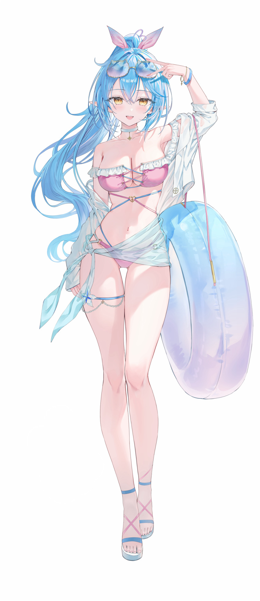 1girl absurdres alternate_costume arm_up bare_shoulders bikini blue_hair bracelet breasts cat-shaped_eyewear choker cleavage comiket_104 commentary_request cross-laced_clothes crossed_bangs elf eyewear_on_head feet fingernails floating_hair frilled_bikini frills full_body gluteal_fold hair_between_eyes hair_ribbon high_ponytail highres hololive innertube jacket jewelry large_breasts light_blush long_fingernails long_hair long_pointy_ears long_sleeves looking_at_viewer multiple_bracelets nail_polish navel o-ring o-ring_bikini o-ring_bottom off-shoulder_bikini off_shoulder open_clothes open_jacket open_mouth pendant_choker pink_bikini pink_nails pink_ribbon pointy_ears ponytail ribbon rin_yuu sandals sleeves_past_wrists smile solo standing stomach straight-on strapless strapless_bikini sunglasses swim_ring swimsuit teeth thigh_strap toes twitter_username upper_teeth_only v v_over_head very_long_hair virtual_youtuber white_choker white_jacket yellow_eyes yukihana_lamy yukimin_(yukihana_lamy)