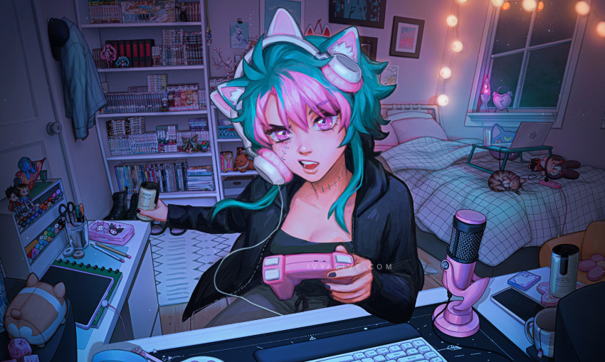 1girl alarm_clock animal_ear_headphones animal_ears aqua_hair artist_name bed bedroom black_jacket black_nails black_shirt bookshelf breasts calico_cat can cat_ear_headphones cat_ears cat_girl cellphone cleavage clock coaster coat commentary computer computer_keyboard confused controller cup desk_microphone eevee energy_drink english_commentary facing_viewer fake_animal_ears game_controller gen_1_pokemon grey_pants hair_between_eyes headphones highres holding holding_can holding_controller holding_game_controller indoors ivyalive jacket laptop lava_lamp looking_at_viewer manga_(object) medium_breasts mug multicolored_hair night night_sky notepad on_chair original pants pencil phone picture_frame pill pink_eyes pink_hair pokemon shirt short_hair sidelocks sky smartphone solo star_(sky) starry_sky stitched_face stitched_neck stitches string_of_light_bulbs stuffed_animal stuffed_toy tablet_pc teabag two-tone_hair unworn_coat virtual_youtuber watermark web_address window
