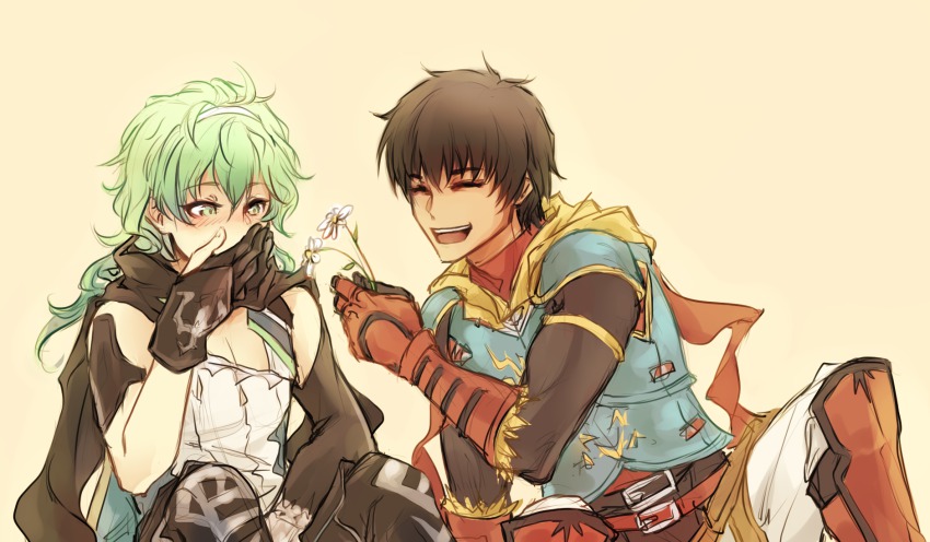 2boys arash_(fate) brown_hair david_(fate) david_(fate/apocrypha) david_(third_ascension)_(fate) fate/grand_order fate/prototype fate/prototype:_fragments_of_blue_and_silver fate_(series) fimyuan flower green_hair highres male_focus multiple_boys