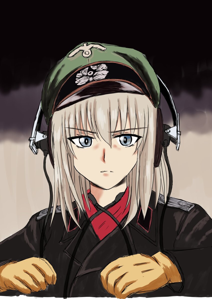 1girl absurdres black_jacket black_sky blue_eyes closed_mouth collar_tabs fog germany girls_und_panzer gloves green_hat grey_hair hat hatch headset highres itsumi_erika jacket looking_at_viewer military_hat military_jacket military_uniform nazi porotto_yontouhei reichsadler short_hair siegrunen skull_and_crossbones sky solo_focus upper_body wehrmacht world_war_ii yellow_gloves