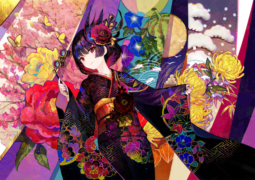 1girl black_hair black_kimono bug butterfly camellia_print colorful floral_print flower food fruit fuzichoco glasses hair_ornament hairpin holding insect japanese_clothes kimono long_sleeves looking_at_viewer nail_polish obi opera_glasses original print_kimono red_eyes red_flower rose sash seasons short_hair smile solo spider_lily watermelon wide_sleeves yellow_flower yukata