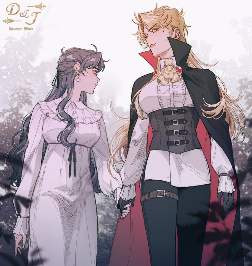 2girls ascot blonde_hair blue_eyes blue_hair breasts cape closed_mouth commentary copyright_name dio_brando dress ear_birthmark european_clothes genderswap genderswap_(mtf) gloves hako_iix07 holding_hands jojo_no_kimyou_na_bouken jonathan_joestar large_breasts long_hair long_sleeves looking_at_another looking_back multiple_girls outdoors parted_lips phantom_blood smile vampire very_long_hair walking white_dress yellow_eyes yuri