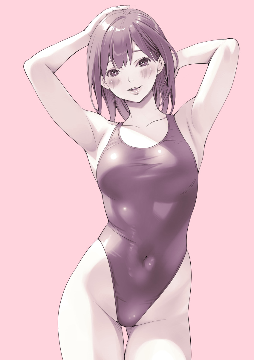 1girl absurdres arms_behind_head breasts competition_swimsuit covered_navel cowboy_shot gluteal_fold greyscale groin highleg highleg_one-piece_swimsuit highres looking_at_viewer macosee medium_breasts monochrome one-piece_swimsuit original pink_background short_hair smile solo swimsuit thigh_gap