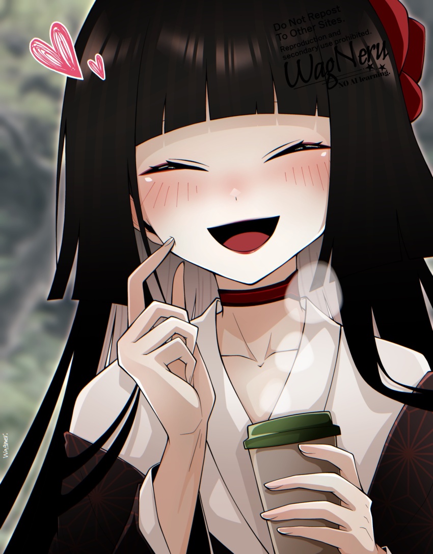 1girl black_hair black_kimono blunt_bangs breasts choker closed_eyes cup disposable_coffee_cup disposable_cup fate/grand_order fate_(series) flower hair_flower hair_ornament highres japanese_clothes kimono komahime_(fate) layered_kimono long_hair long_sleeves open_mouth small_breasts smile solo very_long_hair wagu_neru white_kimono wide_sleeves