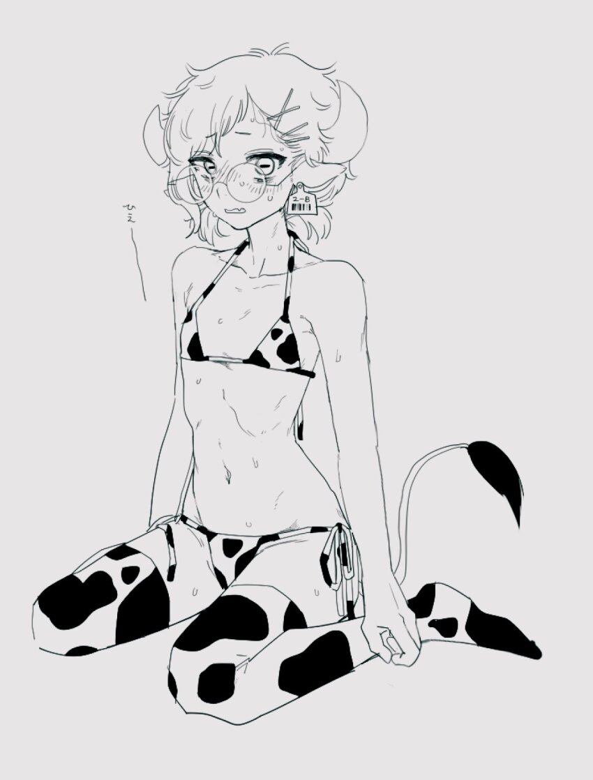 1girl cow_horns glasses highres horns sweat sweatdrop tagme ushitaberu