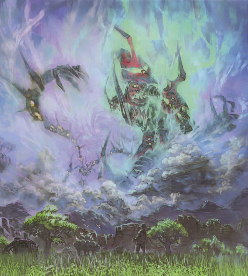 1boy antispiral cloud fighting gainax grass highres mecha official_art robot scan sky super_robot tengen_toppa_gurren-lagann_(mecha) tengen_toppa_gurren_lagann traditional_media tree yoshinari_you