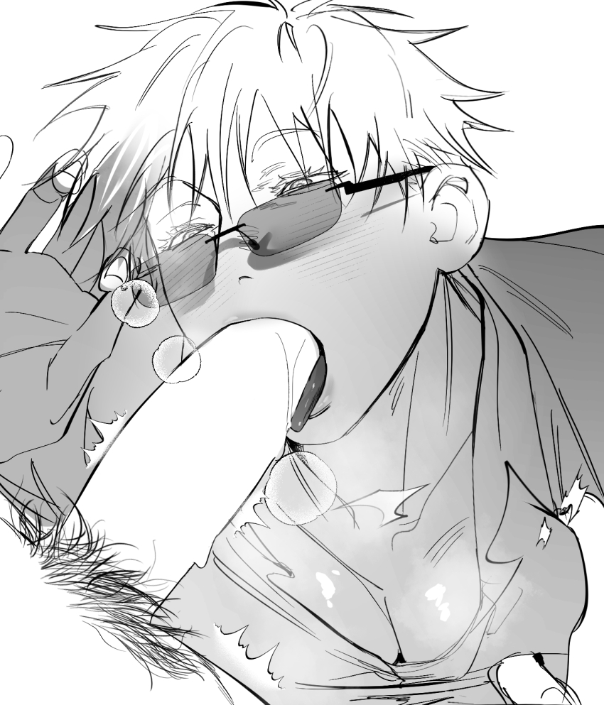 2boys blank_censor censored commentary fellatio glasses gojou_satoru greyscale highres jujutsu_kaisen male_focus male_pubic_hair monochrome multiple_boys oral out_of_frame pasinee1855 pectorals penis pubic_hair rectangular_eyewear short_hair simple_background tongue white_background yaoi