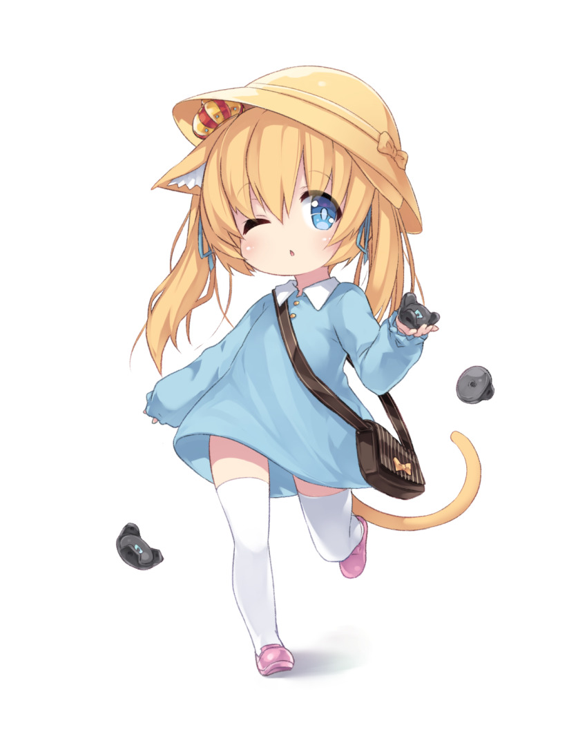 1girl animal_ear_fluff animal_ears bag blonde_hair blue_dress cat_ears chestnut_mouth child crown dress hat highres indie_virtual_youtuber kindergarten_uniform long_hair one_eye_closed original pink_shoes ribbon running school_hat shoes simple_background solo tamase_tama thighhighs twintails virtual_youtuber white_background white_thighhighs yellow_hat