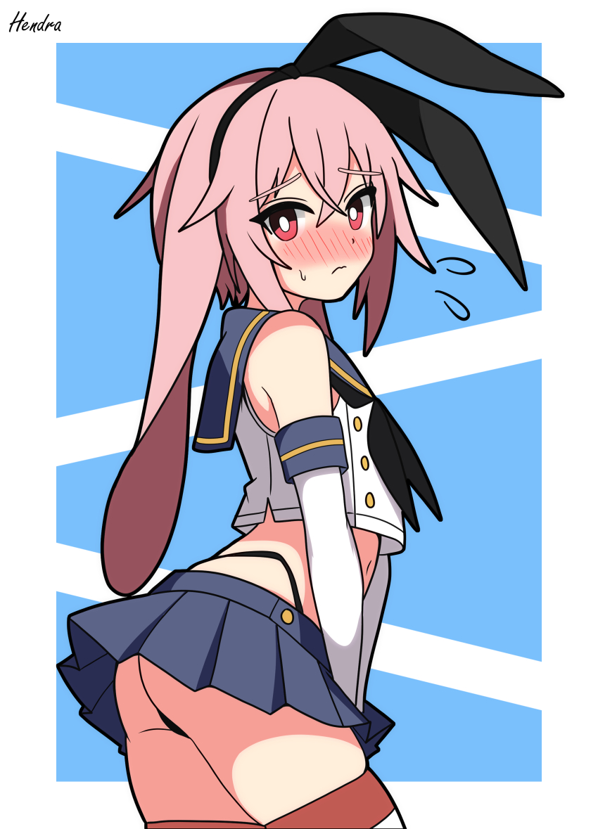 1boy absurdres animal_ears ansel_(arknights) arknights artist_name ass black_hairband black_outline black_panties blue_background blue_sailor_collar blue_skirt blush closed_mouth cosplay crop_top crossdressing elbow_gloves flying_sweatdrops from_behind gloves hairband hendra highres looking_at_viewer male_focus miniskirt neckerchief nose_blush outline panties pink_hair pleated_skirt rabbit_boy rabbit_ears sailor_collar school_uniform serafuku shimakaze_(kancolle) shimakaze_(kancolle)_(cosplay) signature simple_background skirt solo striped_clothes striped_thighhighs thighhighs thong trap underwear white_gloves