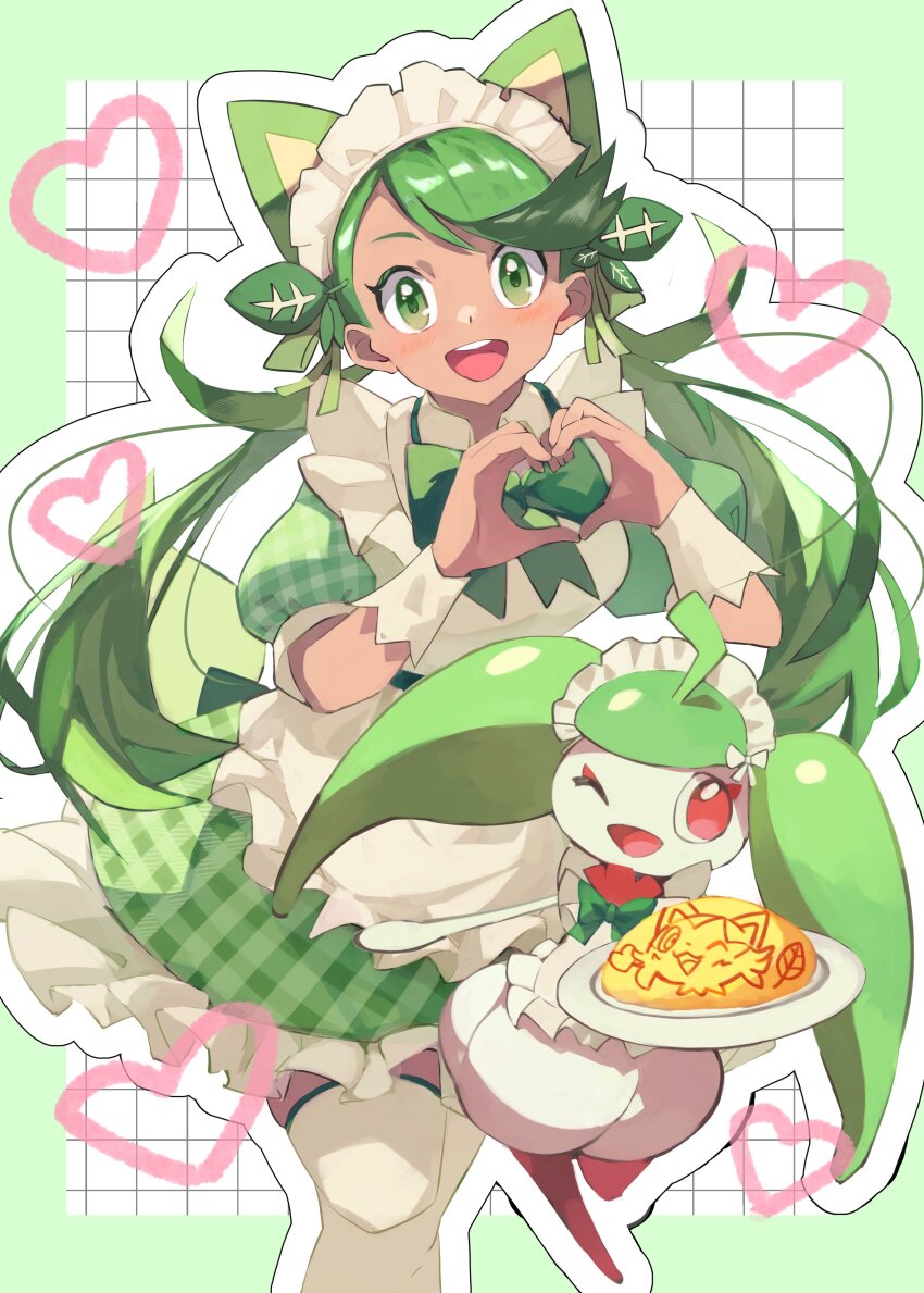 1girl absurdres apron blush bounsweet breasts dark-skinned_female dark_skin dress egg flower frilled_apron frills game_freak gara_(qbeuxvii22) gen_7_pokemon green_eyes green_hair hair_flower hair_ornament highres holding long_hair looking_at_viewer maid maid_apron maid_headdress mallow_(pokemon) nintendo one_eye_closed open_mouth pokemon pokemon_(anime) pokemon_(creature) pokemon_sm_(anime) smile twintails waist_apron white_apron