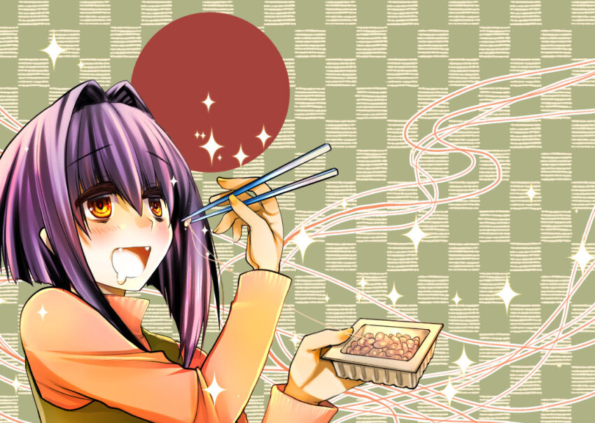 1girl chopsticks eating fangs food hair_between_eyes hair_intakes holding holding_chopsticks kagesaki_yuna karin_(manga) long_sleeves maaka_karin mouth_hold nattou open_mouth orange_eyes orange_sweater purple_hair solo sparkle sweater upper_body