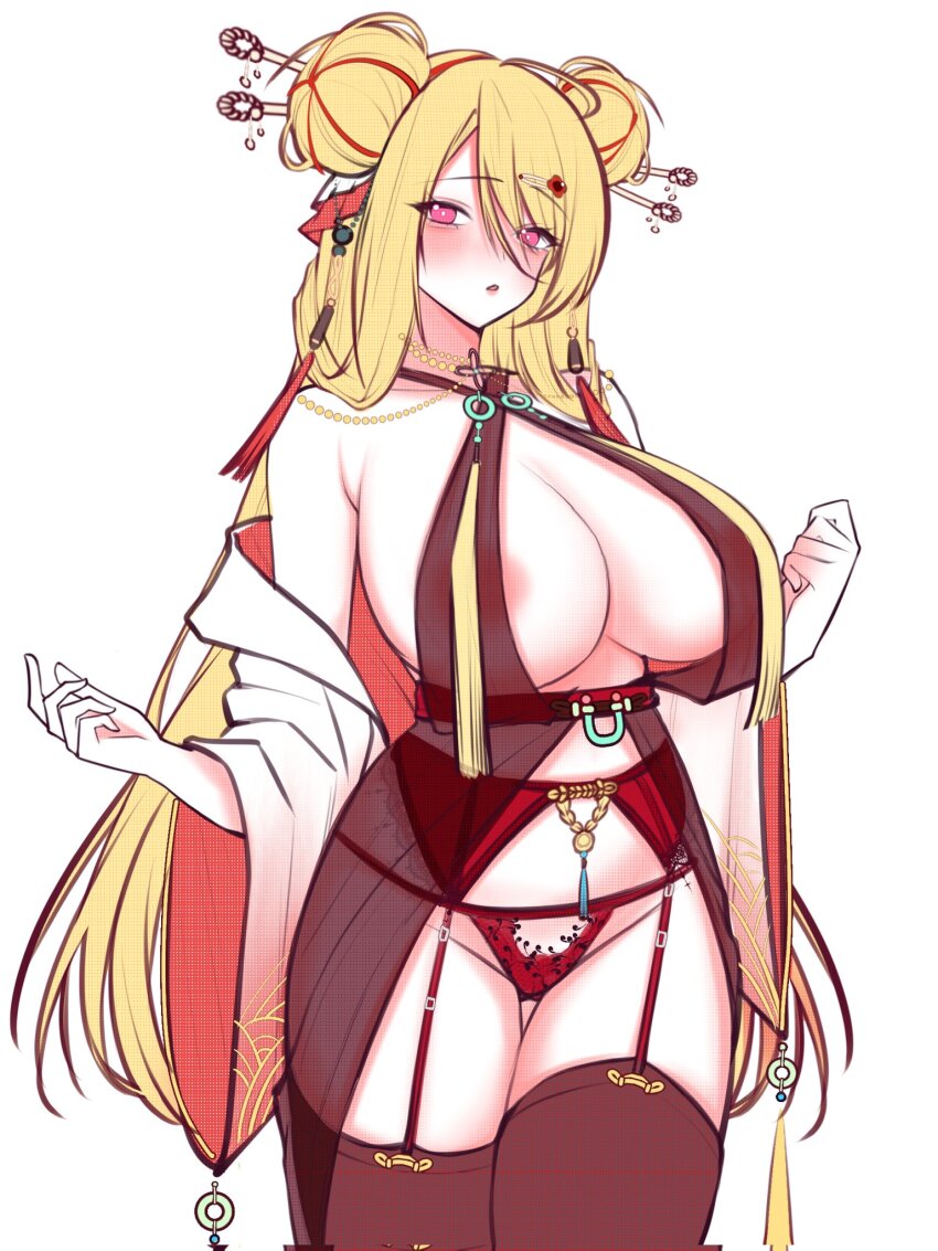 1girl aegyo_sal areola_slip black_dress black_thighhighs blonde_hair blush breasts cocktail_dress cowboy_shot criss-cross_halter crosscore double_bun dress expressionless hair_bun hair_ornament hair_stick hairclip halterneck highres huge_breasts jiang_ethan joyeuse_(crosscore) large_breasts long_hair long_sleeves looking_at_viewer open_mouth panties pink_eyes red_garter_belt red_panties simple_background solo thighhighs underwear very_long_hair white_background wide_sleeves
