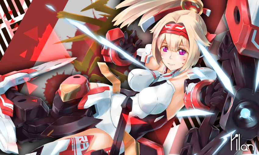 1girl blonde_hair bow_(weapon) breasts gloves highres kotobukiya kotobukiya_bishoujo large_breasts long_hair mecha_musume megami_device ponytail purple_eyes smile solo weapon yilan_un