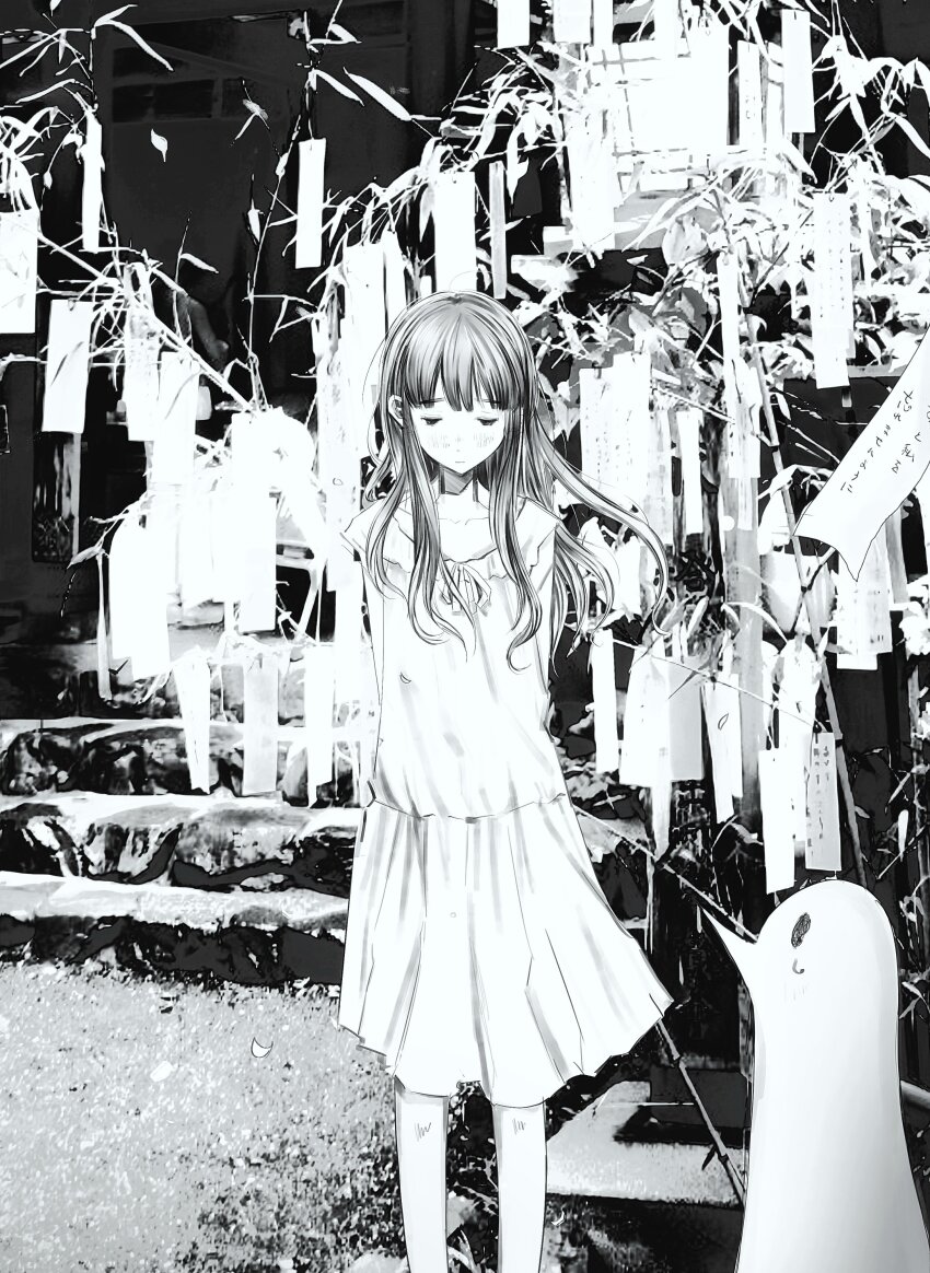 1boy 1girl absurdres arms_behind_back dress floating_hair greyscale highres hos1_i long_hair monochrome ofuda onodera_punpun outdoors oyasumi_punpun shrine sleeveless sleeveless_dress stairs standing sundress tanaka_aiko